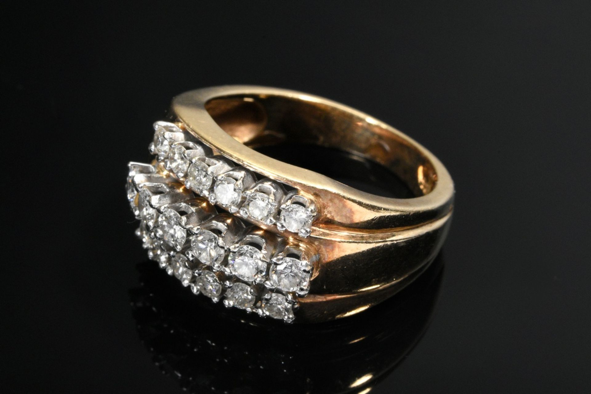 Three-row Midcentury yellow gold 585 ring with three brilliant-cut diamond bars (together approx. 1 - Image 3 of 3