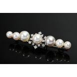 White gold 585 bar needle with cultured pearls (Ø 6-9.3mm) and central brilliant-cut snowflake (tog