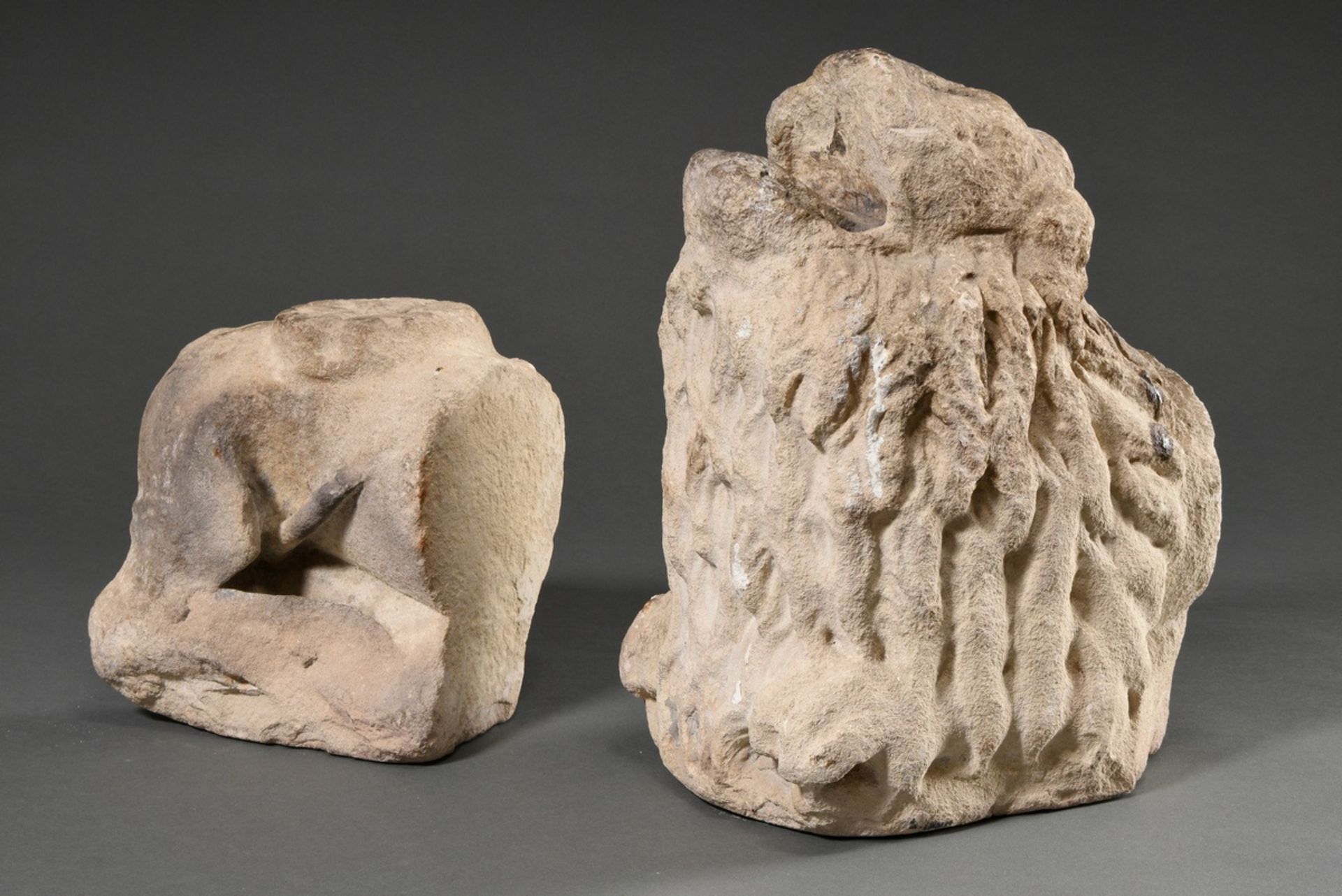 Late medieval sandstone column base "Reclining lion with open mouth", 45x34x20cm, strong traces of  - Image 11 of 11