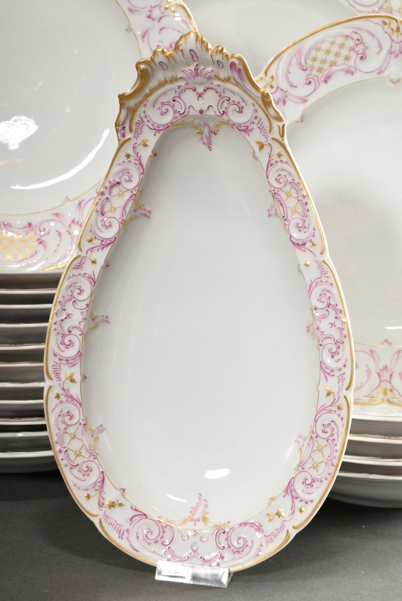 69 Pieces KPM dinner service in Rococo form with purple and gold staffage, red imperial orb mark, c - Image 18 of 22