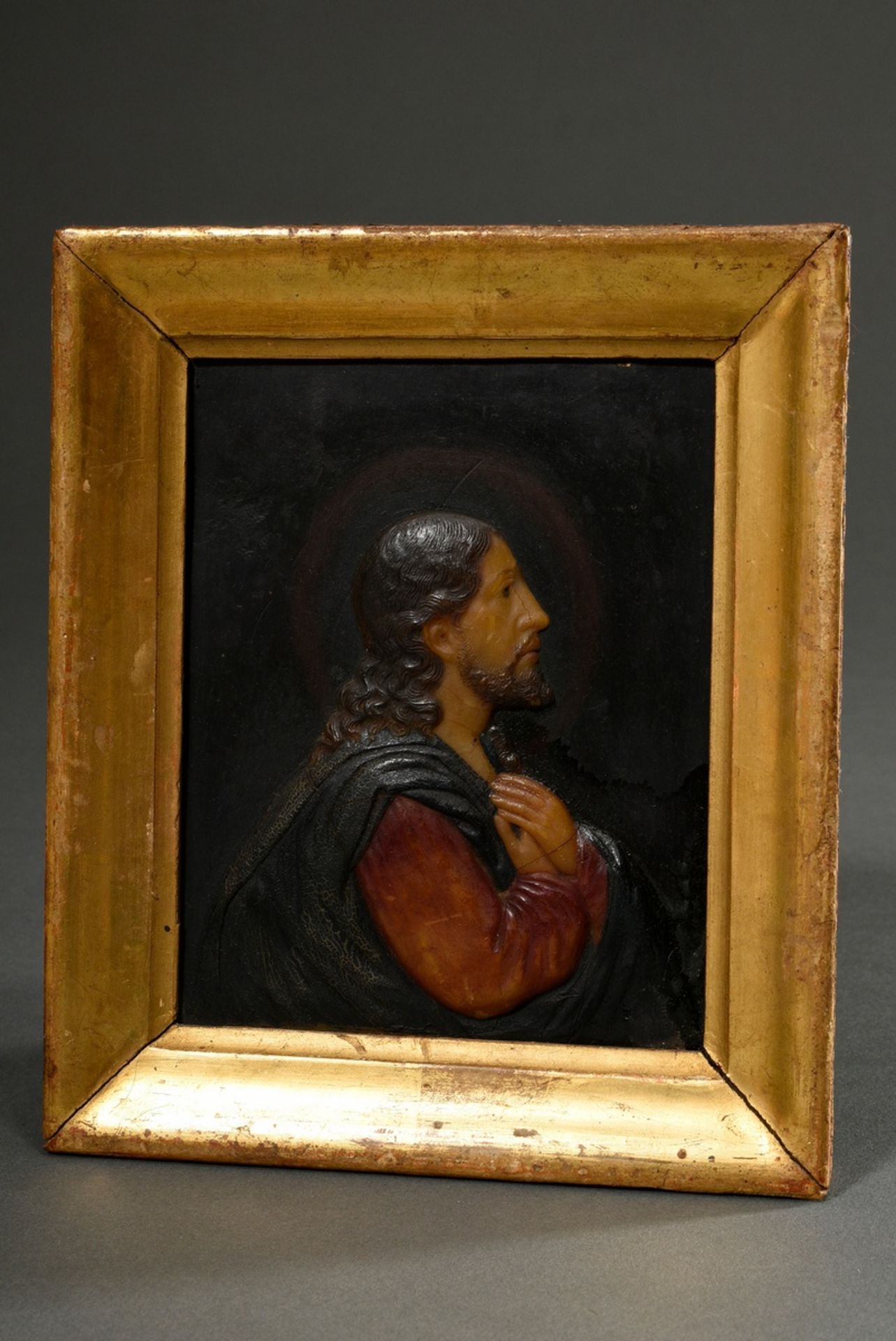 Farbiges Wachsrelief "Christus" in vergoldeter Rahmung, farbig bemalt, 19.Jh., 18,5x16cm, kleine De - Bild 3 aus 5