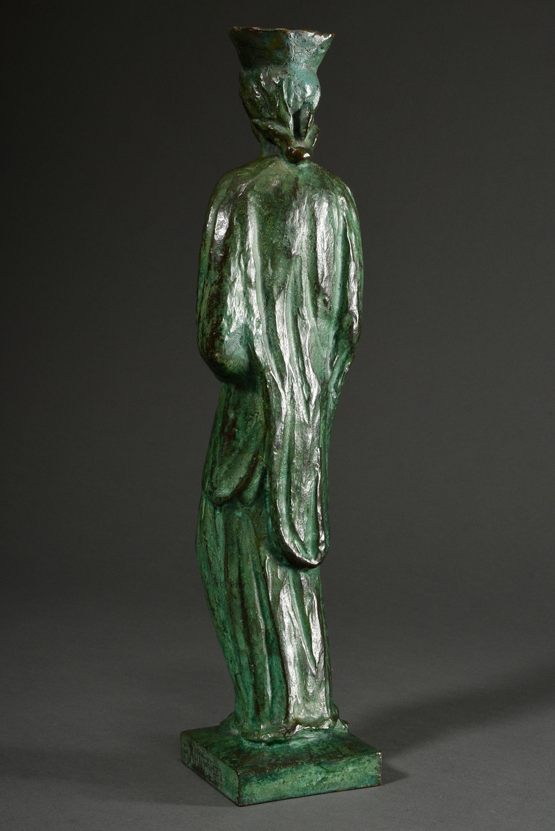 Figure of the Virgin and Child, green patinated bronze, base sign. Barnes (?), 20th century, h. 48c - Image 4 of 7