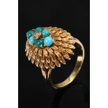 Midcentury Gelbgold 750 Ring mit Brillant (ca. 0.07ct/SI/W) in Türkis Cabochon Lunette auf gestuft 