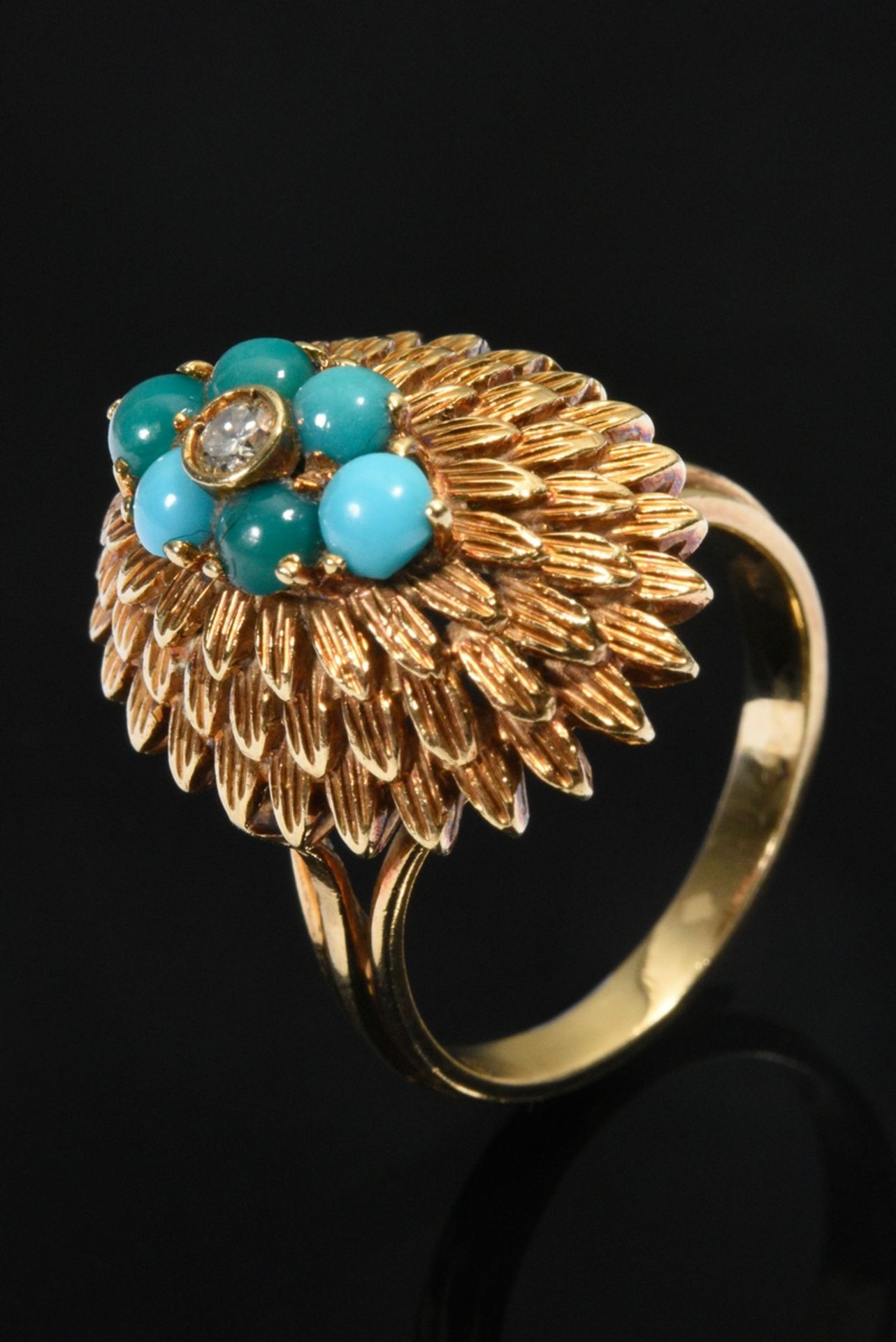 Midcentury Gelbgold 750 Ring mit Brillant (ca. 0.07ct/SI/W) in Türkis Cabochon Lunette auf gestuft 