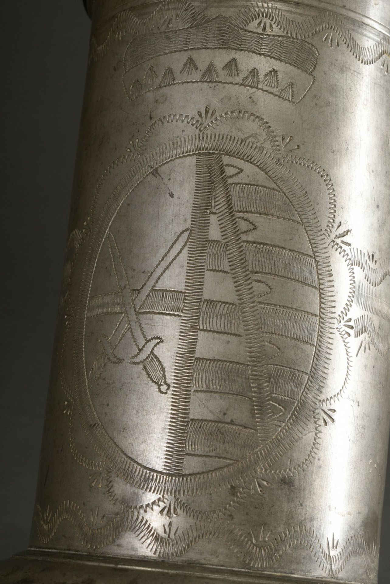 Pewter tankard in cylindrical form with wide flared base, domed hinged lid with spherical thumb res - Image 6 of 9