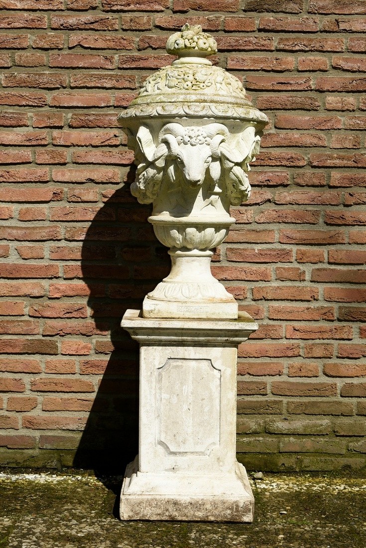 Cast or sandstone lidded vase with ram's head on a high angular pedestal after an old model, marked - Image 2 of 5