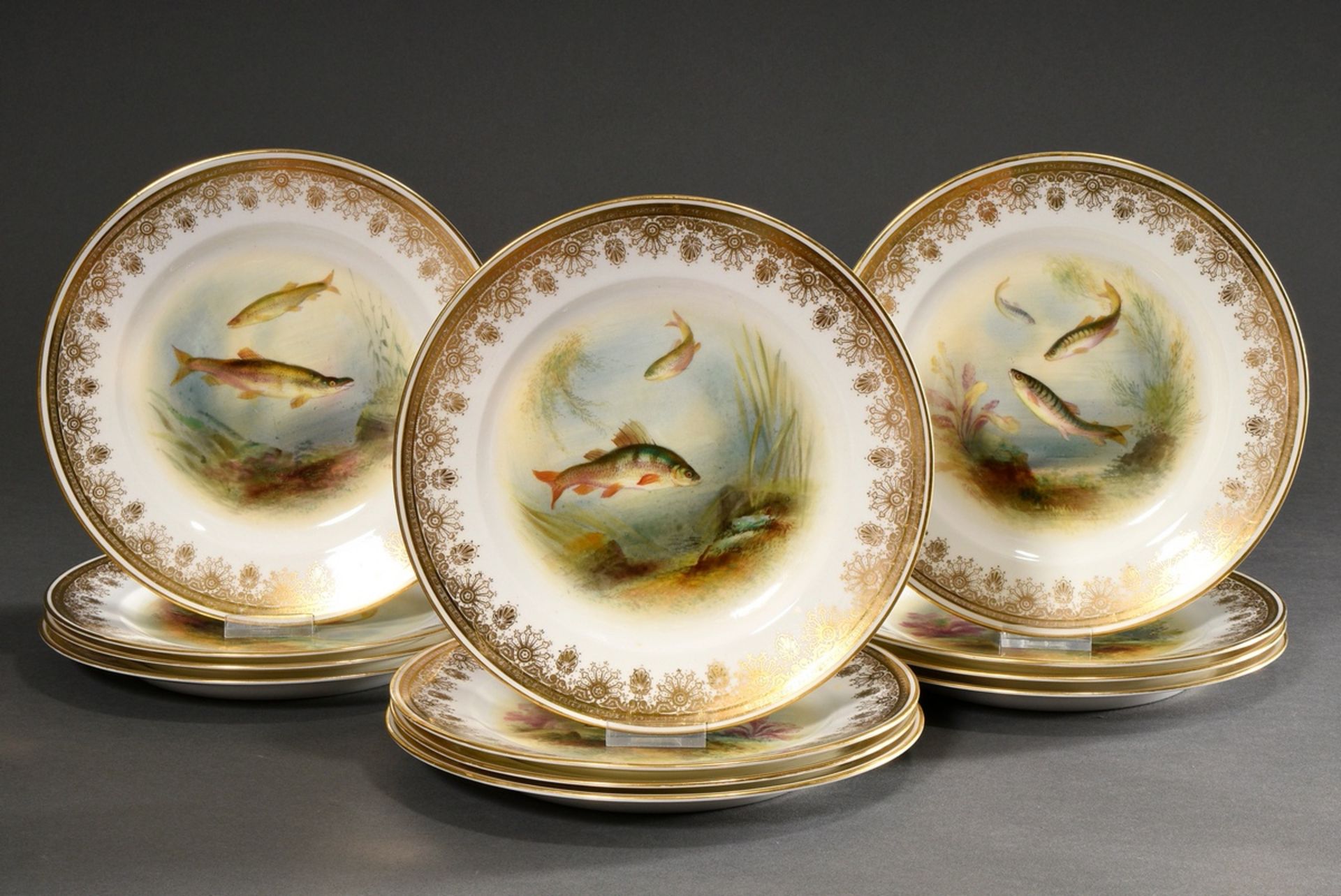 12 English Crescent & Sons fish plates with various delicate motifs: "Codfish, 2xTench, Pixe, Macke