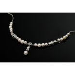 Zartes Art Deco Platin Collier mit Naturperlen und Diamanten im Altschliff (zus. ca. 1.00ct/SI-P2/T