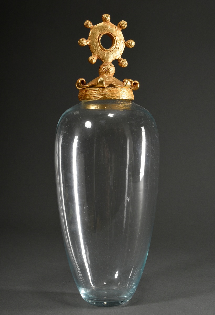 Casenove, Pierre (*1943) Crystal vase in ovoid form with zoomorphic lid, gilded metal, sign., found - Image 2 of 5