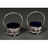 Pair of salvers in classic basket form with blue glass inserts, silver 800, 29g (without glass), h.