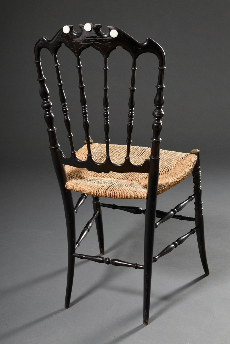 Decorative salon chair with turned and black lacquered frame, gilded brass rosettes and wicker seat - Image 3 of 4