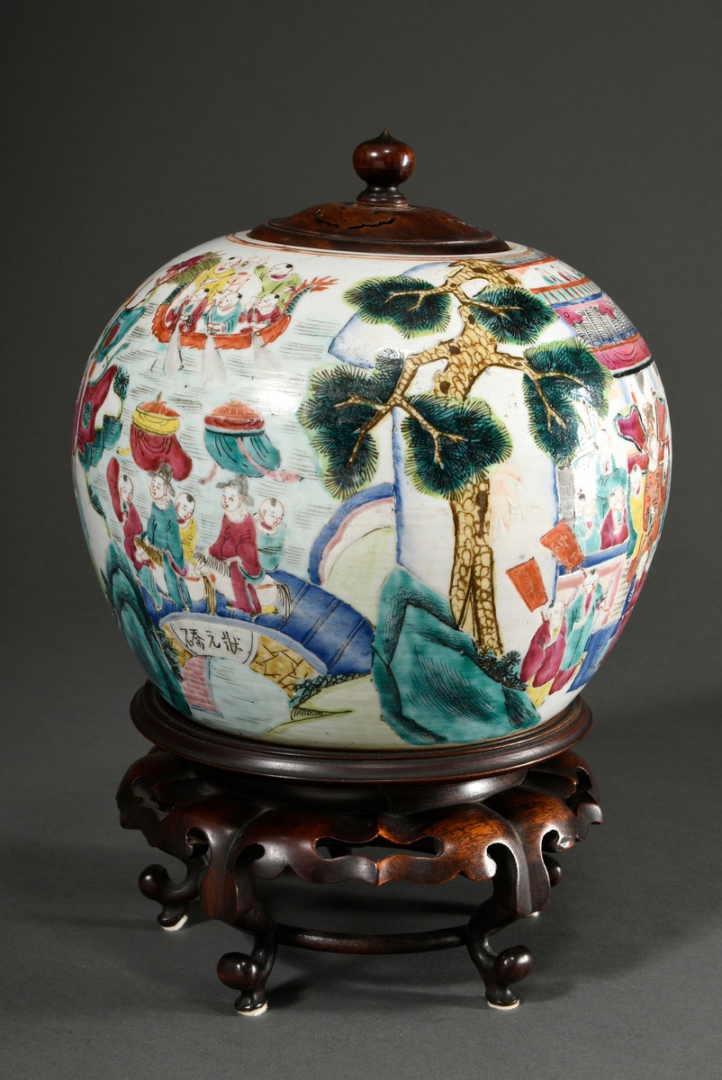 Bellied ginger pot with carved wooden lid and stand and polychrome painting "New Year's festival wi - Image 4 of 13