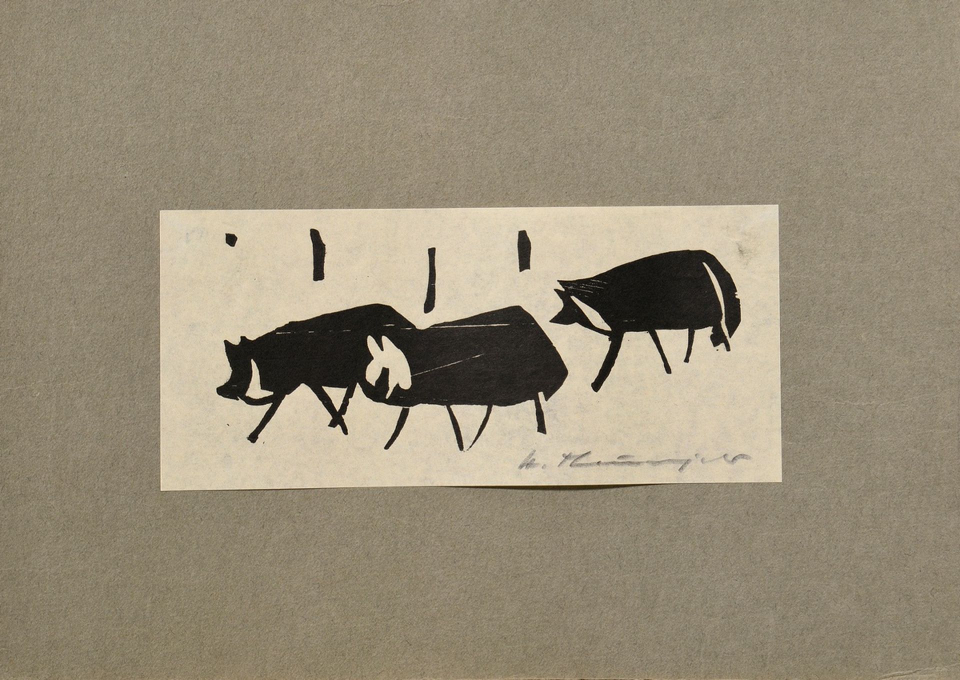 Theuerjahr, Heinz (1913-1991) "Wölfe", Holzschnitt, auf Papier montiert, u. sign., WVZ 217, BM 8,6x - Bild 2 aus 3