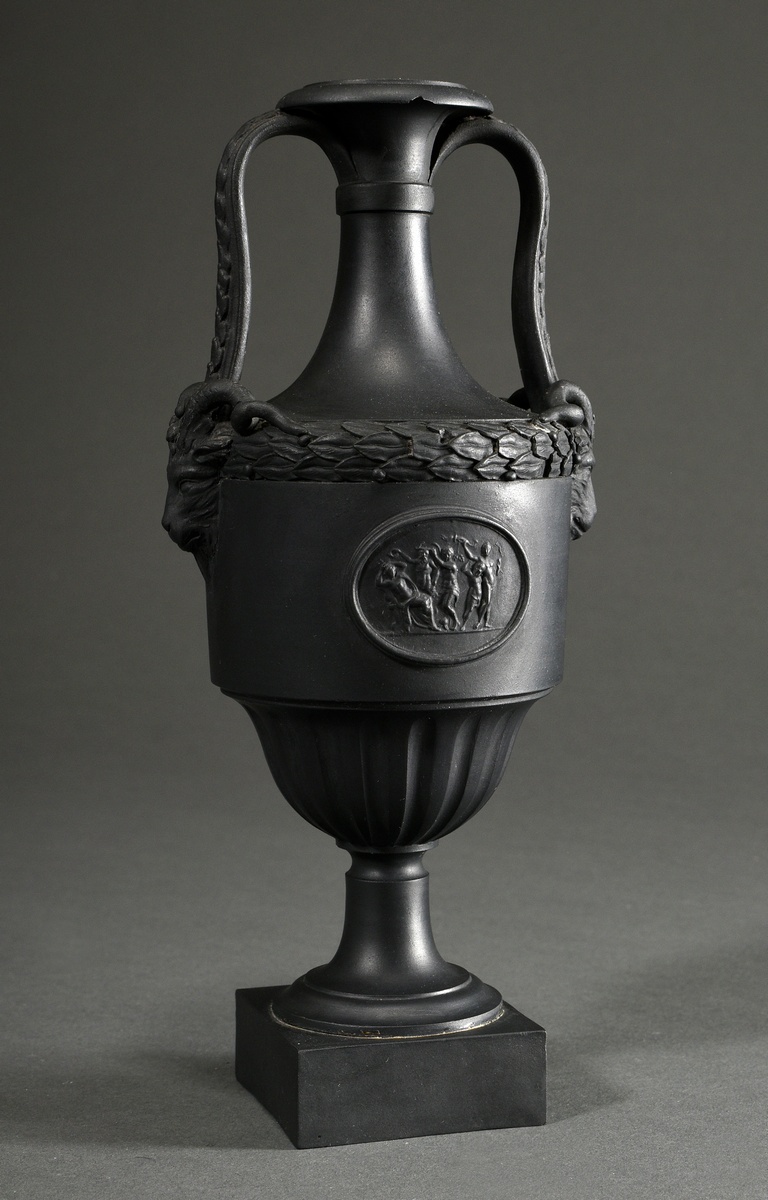 Antique Wedgwood black basalt ware amphora on a square foot, baluster body with laurel rim and scul