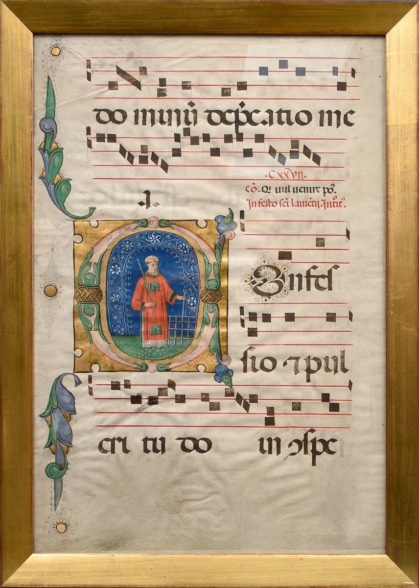 Late medieval Psalter Leaf with figurative illuminated majuscule "Heiliger Laurentius", gouache and - Image 2 of 6