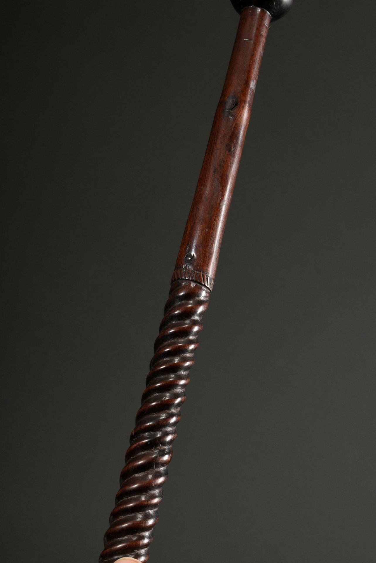 Antique hardwood walking stick with partially turned shaft and ball pommel, probably 18th century,  - Image 2 of 3