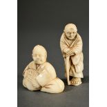 2 Various animal tooth netsuke: ‘Blind man with stick’ (h. 4.8cm) and ‘Sitting man with clam’ (h. 3