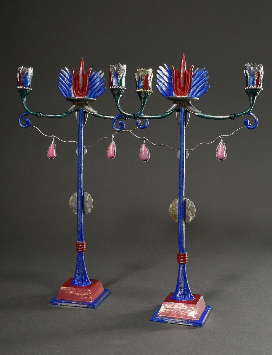 Pair of Casenove, Pierre (* 1943) ‘Aria’ girandoles, 2 flames, cast metal, painted in colour, with  - Image 3 of 5