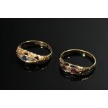 2 Yellow gold 750 rings, England approx. 1900: 1 with small diamond roses (together approx. 0.06ct/