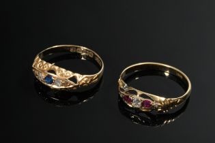 2 Gelbgold 750 Ringe, England um 1900: 1 mit kleinen Diamantrosen (zus. ca. 0.06ct/P2/C) und Saphir