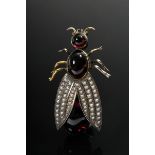 Art Deco needle "Queen Ant" with wings set with river pearls and almandine cabochons as body in bra
