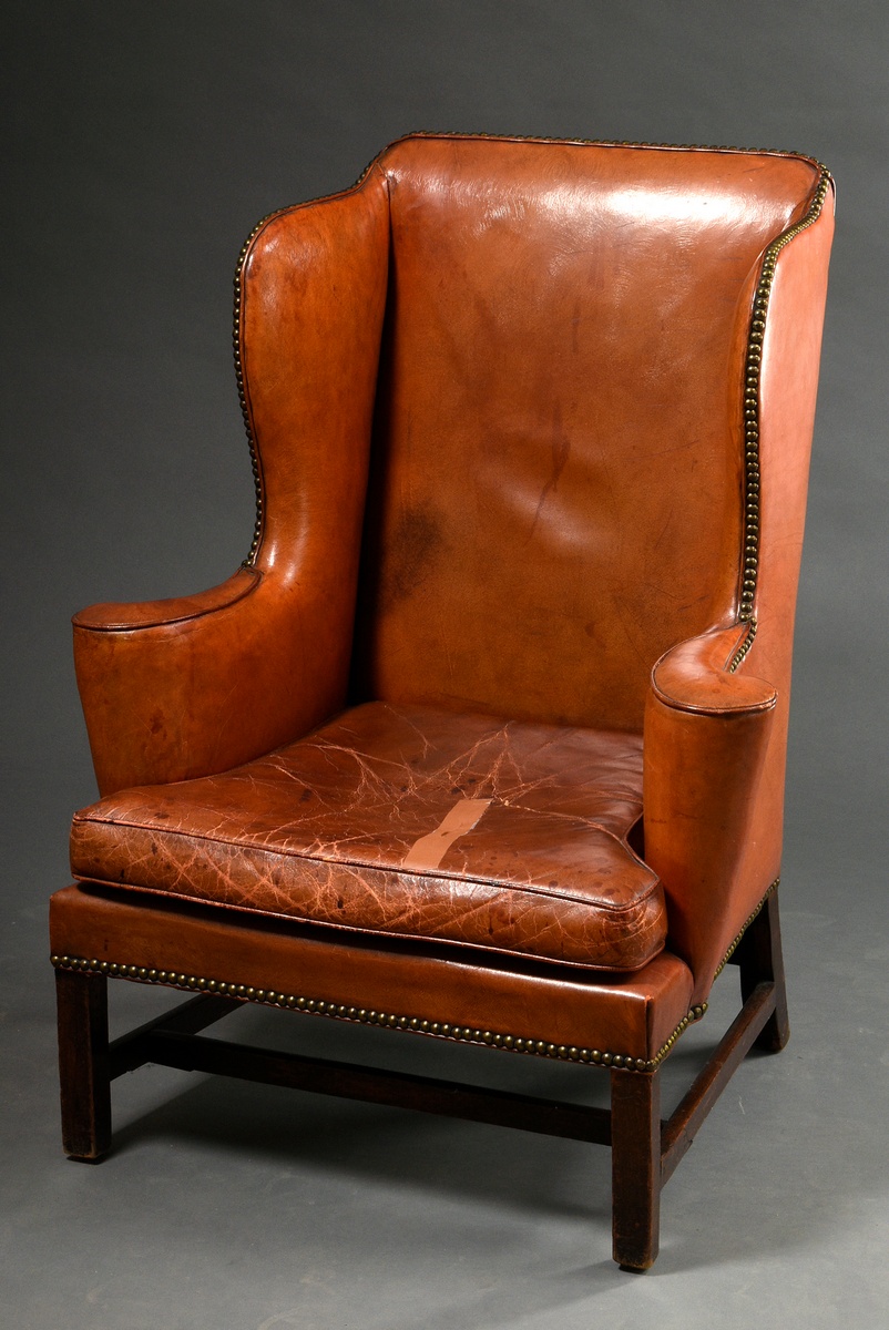 English wing chair, so-called "Grandfather Wingchair", with brown leather upholstery and brass nail