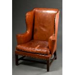 English wing chair, so-called "Grandfather Wingchair", with brown leather upholstery and brass nail