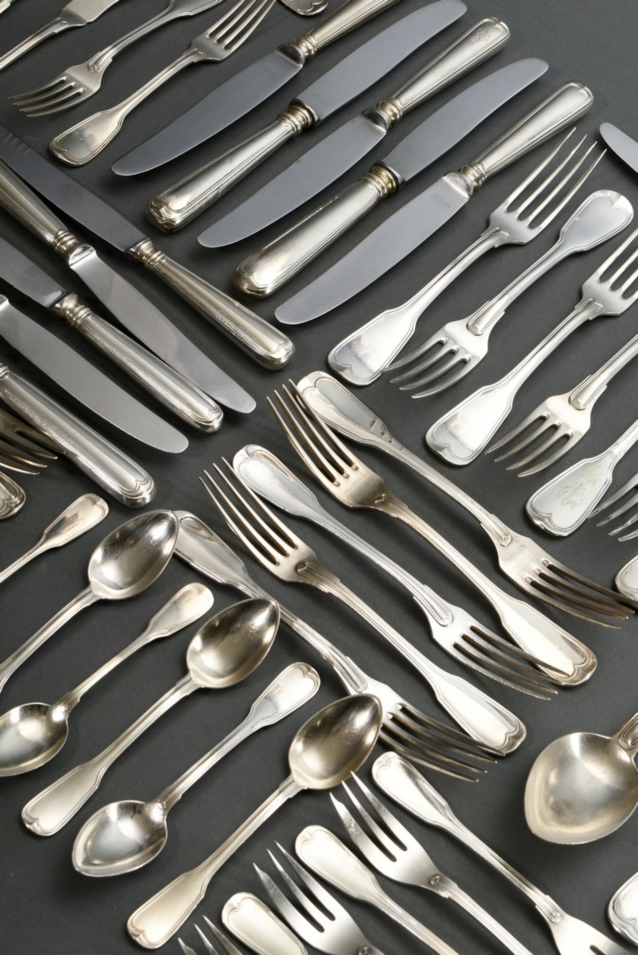 56 pieces ‘Augsburger Faden’ cutlery, approx. 1900, partly engraved, various makers (including Wilk