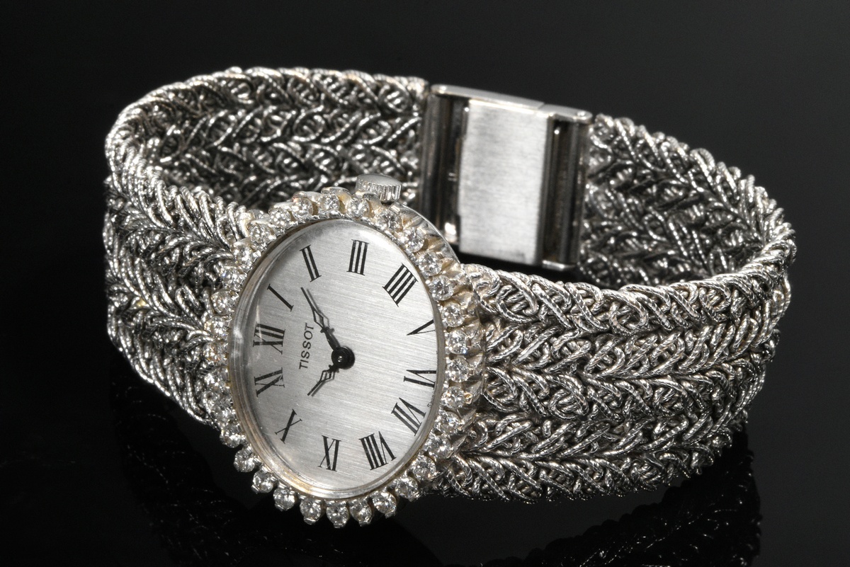 White gold 750 Tissot wristwatch with brilliant-cut diamond wreath (approx. 0.95ct/VSI/W), silver-c