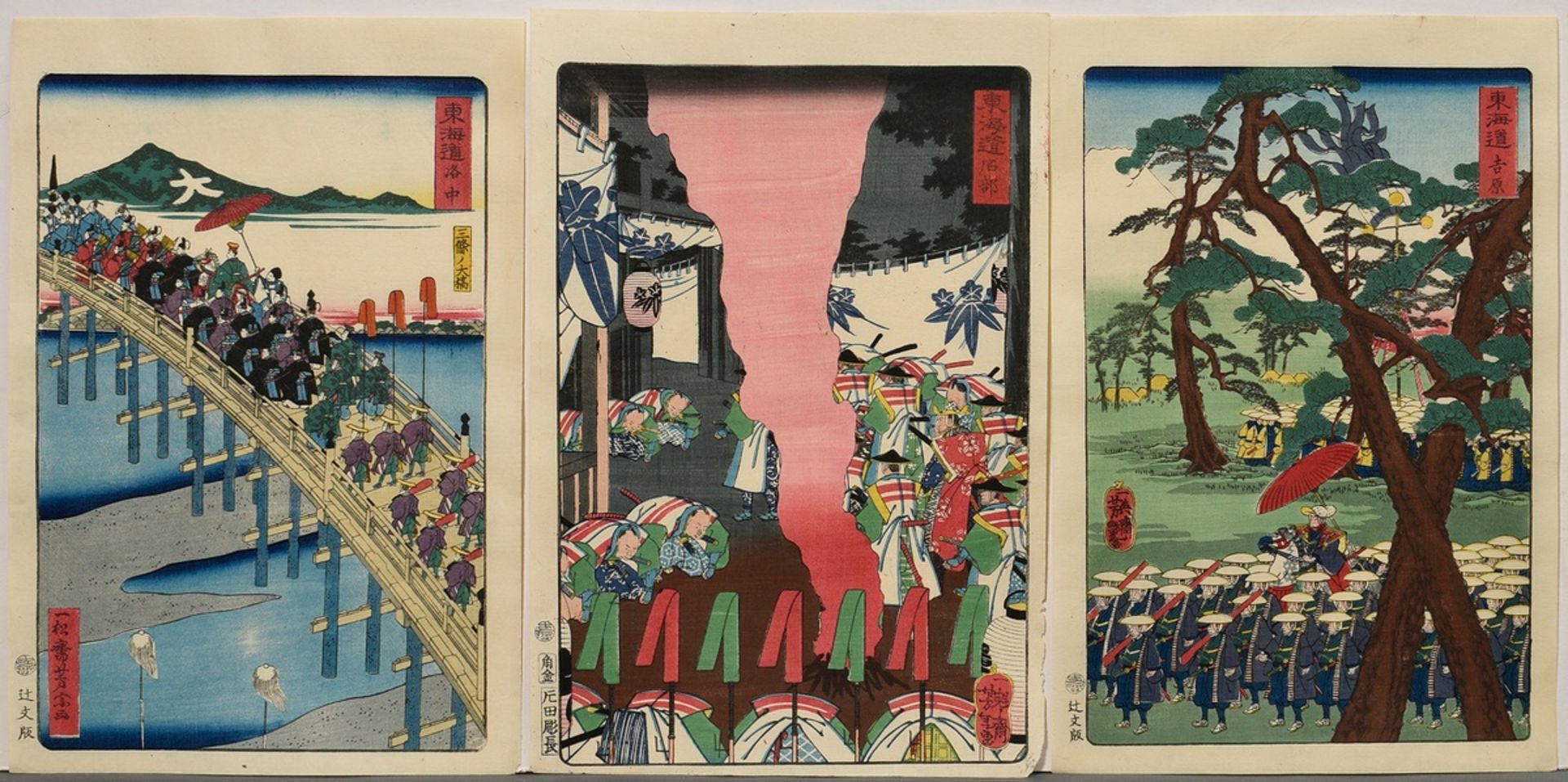 3 Diverse Farbholzschnitte aus Tôkaidô Meisho fûkei (Berühmte Ansichten des Tôkaido): Utagawa Yoshi