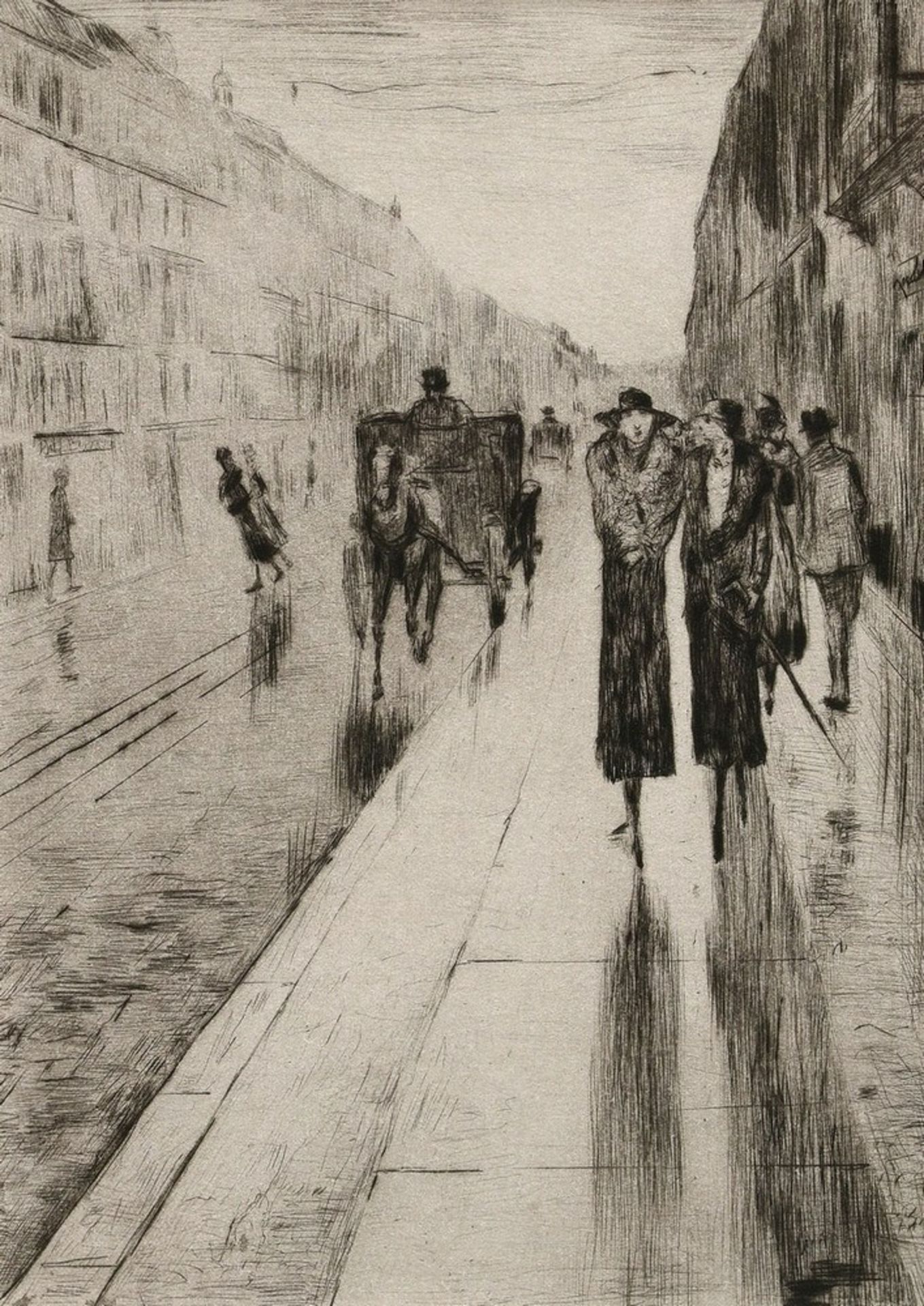 Ury, Lesser (1861-1931) "Straßenszene in Berlin (Spaziergänger im Regen)" um 1919/1982, Radierung, 