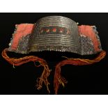 Large Tekke Turkmen hood ornament "Egme" made of vegetal fire-gilded, open-worked silver sheet, the