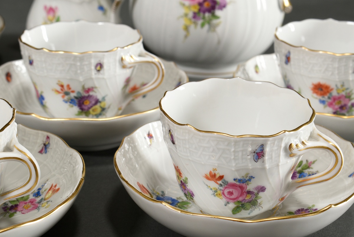 8 Pieces Meissen mocha service for 6 people, Brandenstein relief with polychrome flower painting, c - Image 3 of 7