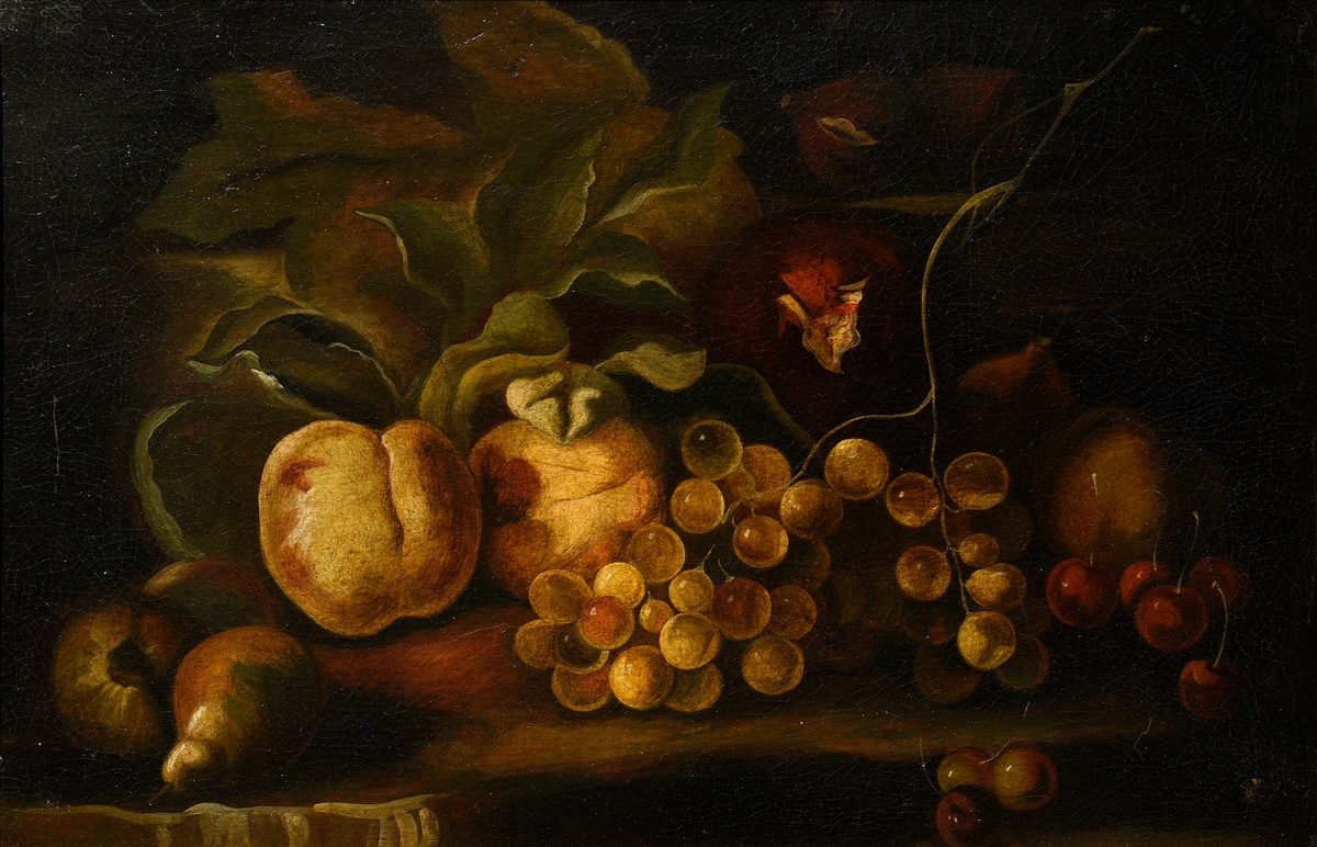 Unknown artist of the 18th/19th c. "Fruit still life", oil/canvas doubled, gilded, wide frame, 34,5