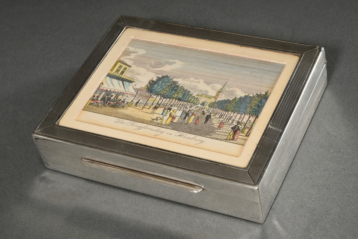 Cigarette box with guilloché case and Hamburg scene in the lid "Der Jungfernstieg in Hamburg", silv