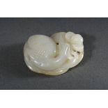 Bright jade toggle "Heron and mandarin duck on lotus leaf", China, 4.5x3.8x1.2cm