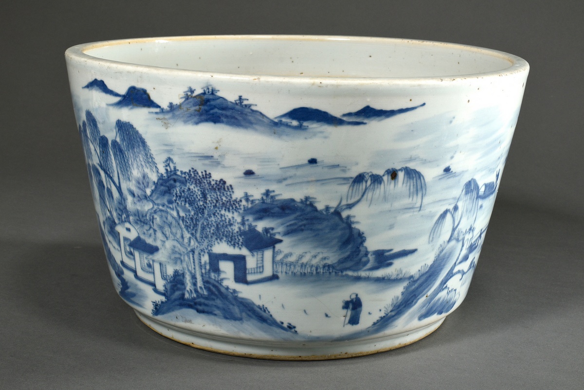 Large porcelain cachepot with surrounding blue painting decoration "Wide landscape with staffage",  - Image 3 of 6