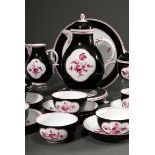 19-piece Nymphenburg service with purple camaieu flower painting on a black ground, old festoon, de