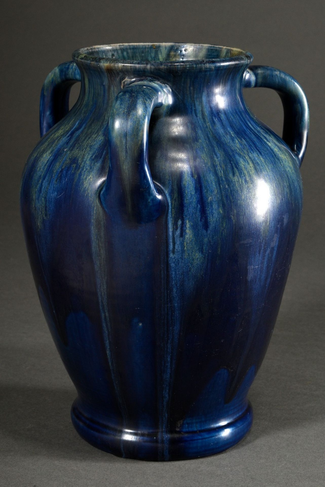 Large baluster vase with 3 handles and bulbous body, ceramic with blue gradient glaze, 1913-1929, b