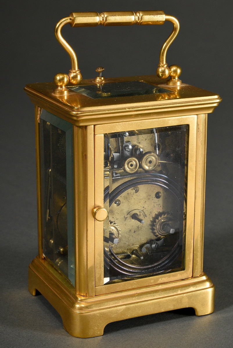 French travel alarm clock in all-round facet glassed and gilded brass case, enamelled dial with Rom - Image 5 of 7