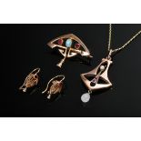 4 Pieces of Art Nouveau jewelry with base stones and pearls: 1 red gold 333 necklace with pendant (