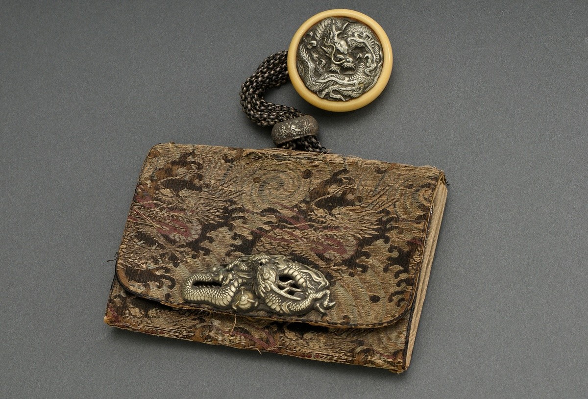 2 Various tobacco soiree purses with metal chains and ivory kagamibuta netsuke "dragon", Japan appr - Image 3 of 17