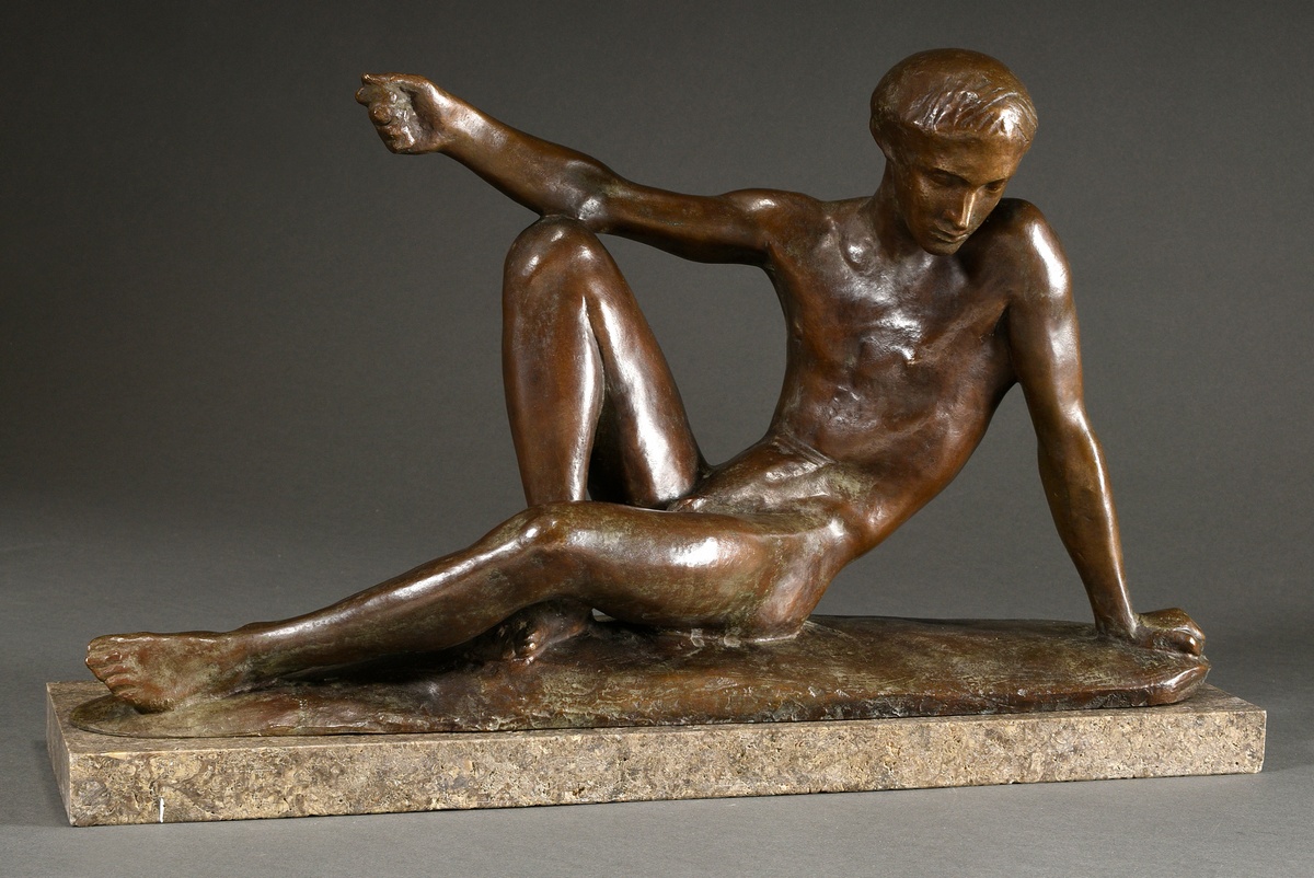 Scheibe, Richard (1879-1964) "Reclining Narcissus" 1952, patinated bronze, on marble base (slightly