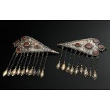 2 Pieces Ersari Turkmen bonnet jewelry with 5 oval carnelians and small plates chased into flowers,