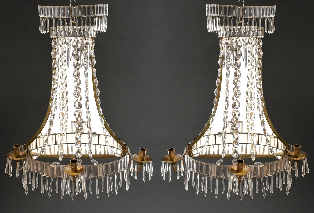 A pair of large Prism wall chandeliers with mirrored back panel and 3 insertable candle arms each, 
