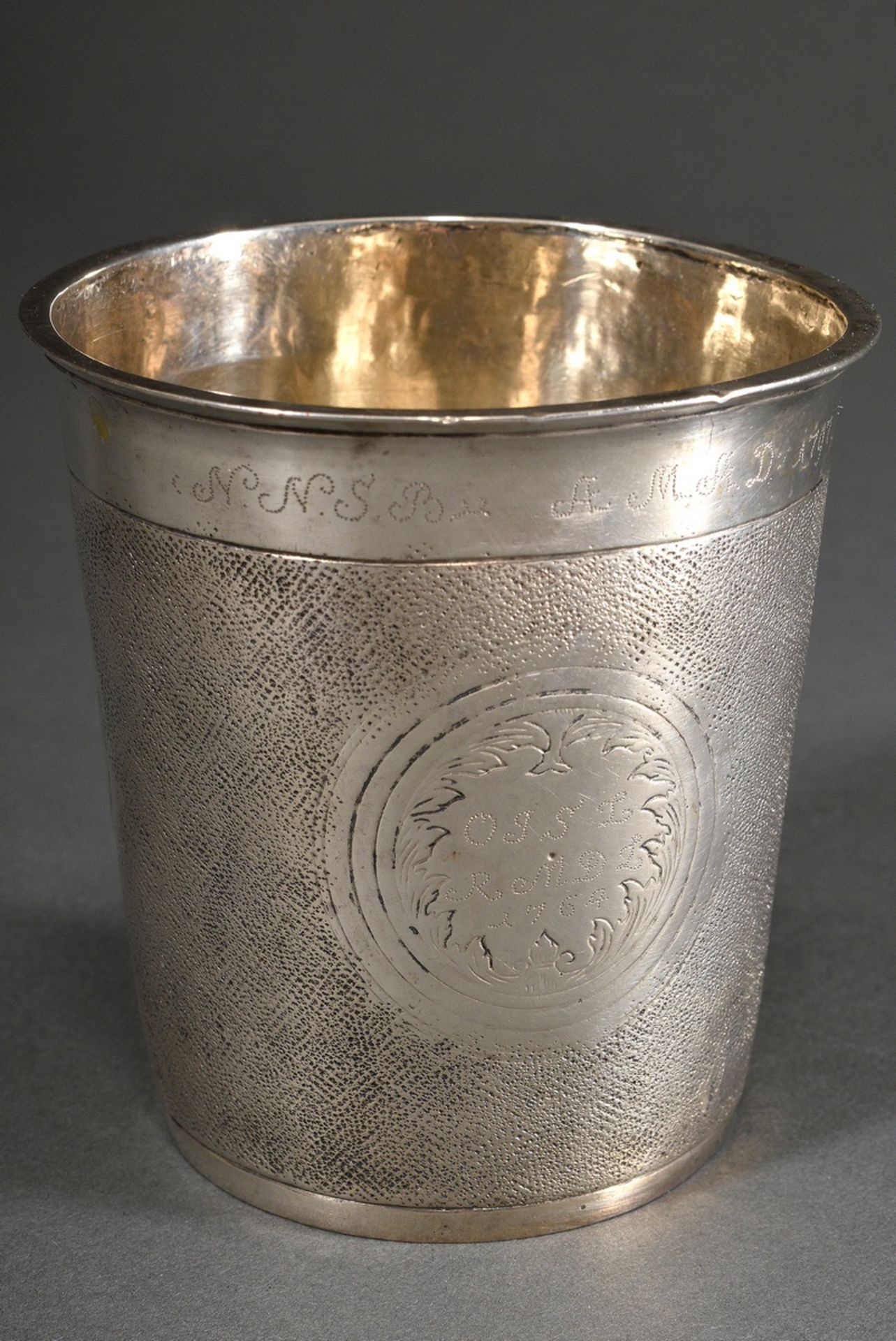 A Danish snakeskin cup with three engraved cartouches ‘Blossoms’, various dotted and engraved owner