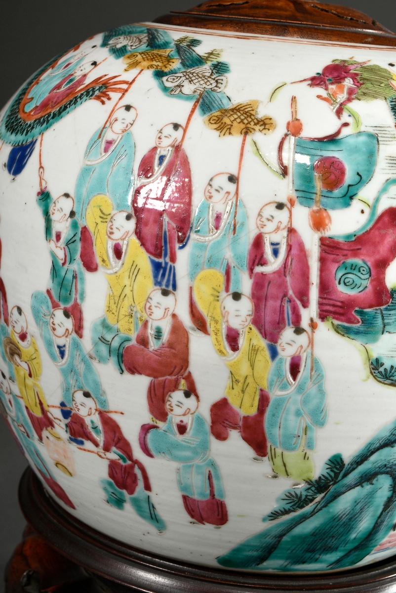 Bellied ginger pot with carved wooden lid and stand and polychrome painting "New Year's festival wi - Image 5 of 13