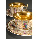 Pair of Biedermeier coffee cups/saucers with rich floral and gold decoration, Krister Porzellan Man