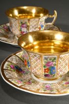 Paar Biedermeier Kaffeetassen/UT mit reichem Blumen- und Golddekor, Krister Porzellan Manufaktur, W