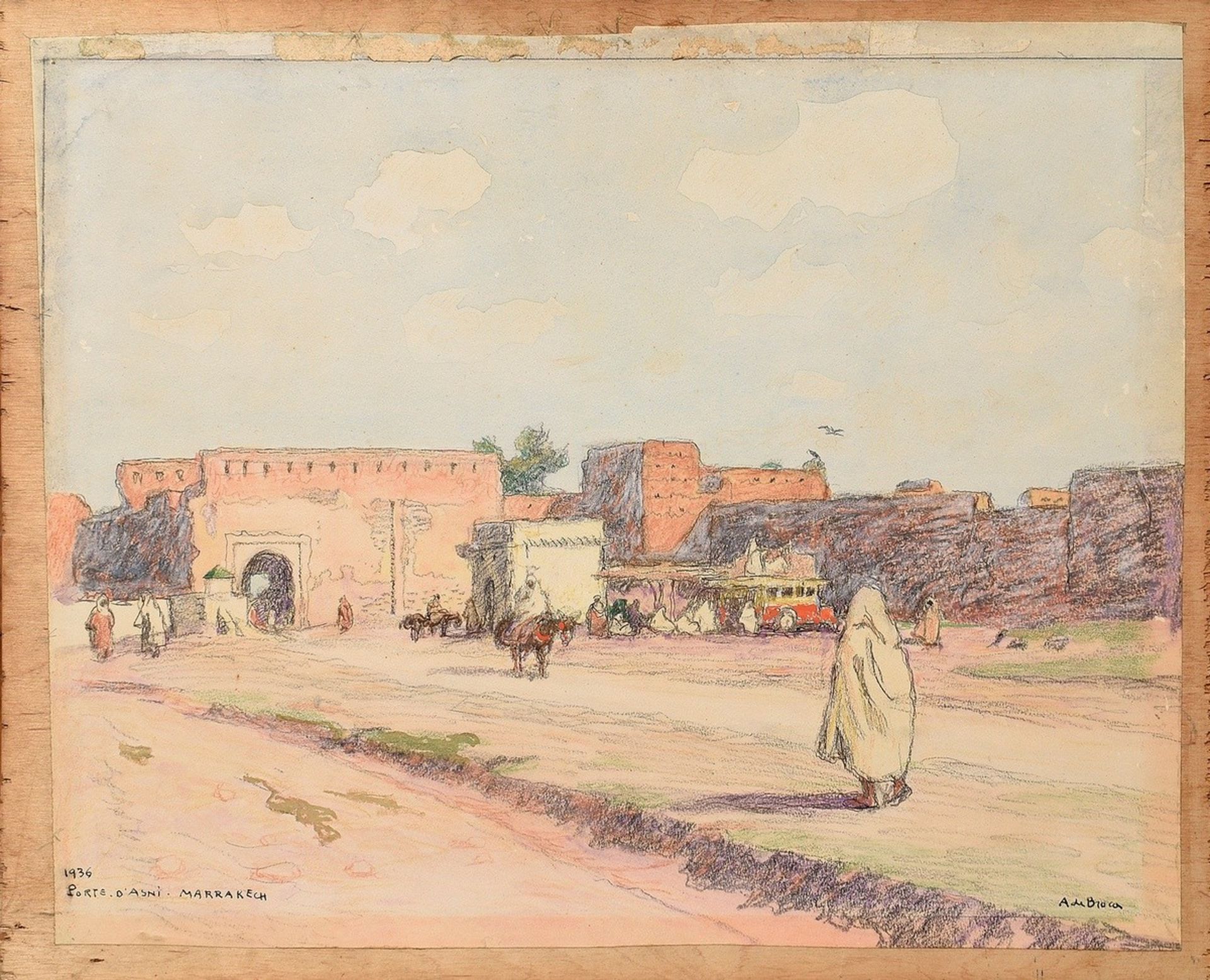 Broca, Alexis Louis de (1868-1948) "Porte D'Asni - Marrakech" 1936, watercolour/pastel crayon, pape - Image 6 of 9